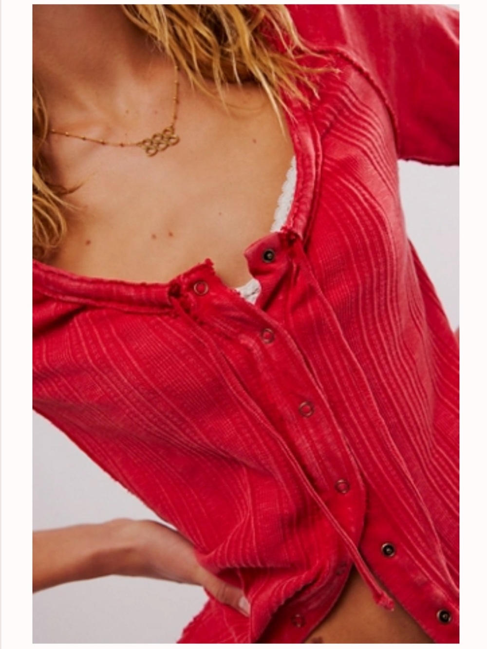 Free People Red Ribbed Button-Front Scoop Neck Top